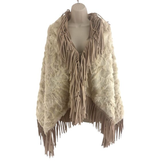 Boston Proper Fur Suede Fringe Wrap Shrug Poncho One Size Western Country Coat - Picture 2 of 10